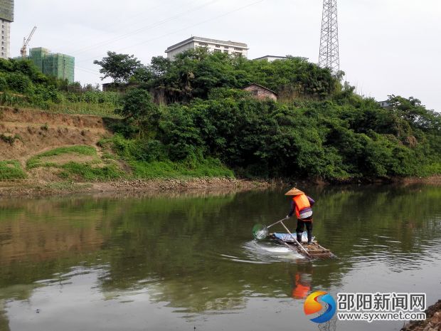 清理之后的河面，作業(yè)人員正在凈化水質(zhì)