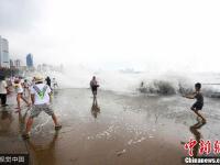 青島迎天文大潮 大浪涌上馬路游客冒險戲浪