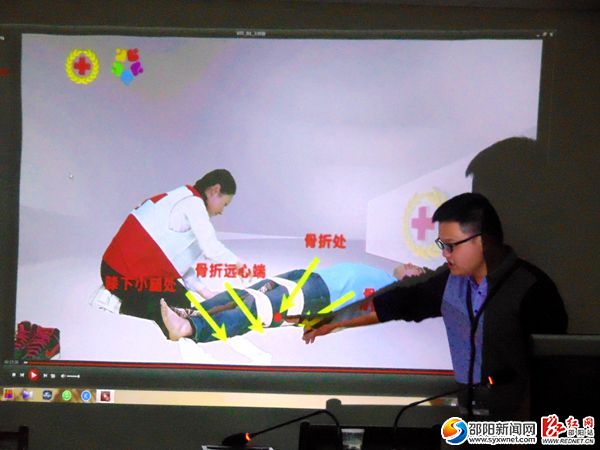 图为多媒体教学大腿骨折健肢固定法