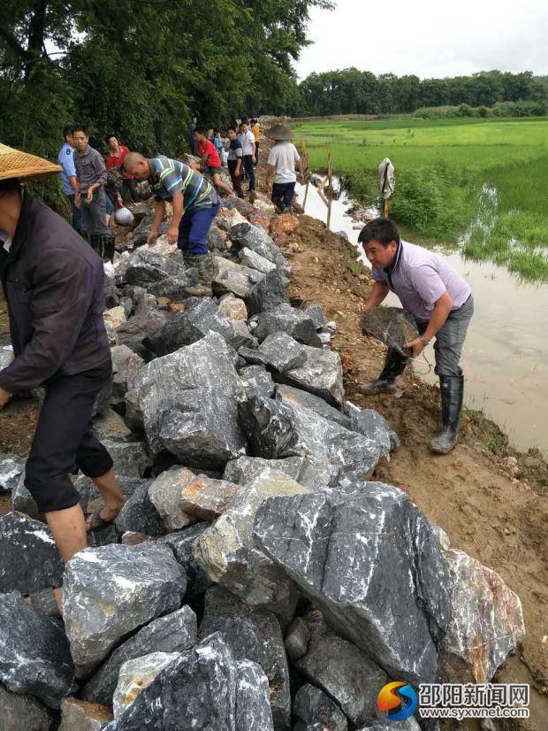 洪水退去后,村民抢修河堤,右一位杨田村支部书记肖怀付
