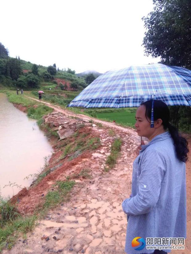 毛湘红正在巡视山塘
