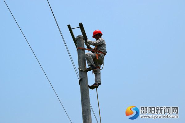 作业人员在八合村新架设10千伏线路电杆上横担