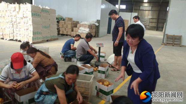图右一为天元木业总经理彭云莲指导工人装箱