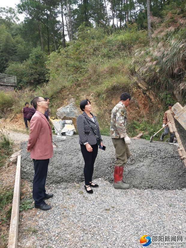 图为扶贫工作队长戴再林和村干部在道路硬化现场