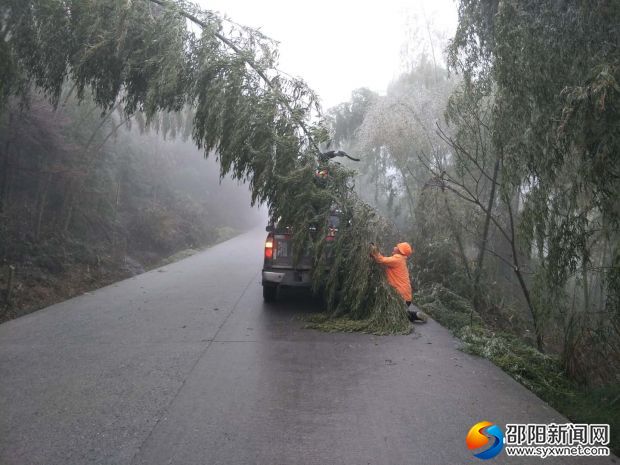 跪地拽冰枝的公路抢险队员