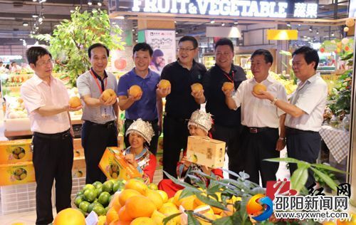 图为2017年9月24日县领导在长沙推介城步苗香梨一幕 (饶兴建摄)