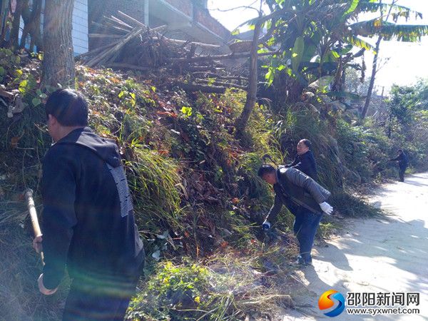 该村党员群众清扫马路杂草与垃圾