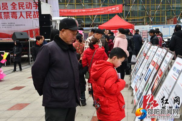 群众驻足观看禁毒展板