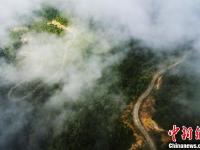 航拍江西铅山山间公路 云雾缭绕宛如仙境