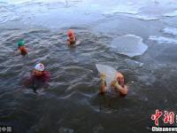 哈尔滨松花江结冰 冬泳爱好者伴冰块畅游