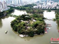  鸟瞰福州西湖 万株鸢尾宛如一把“翡翠琵琶”